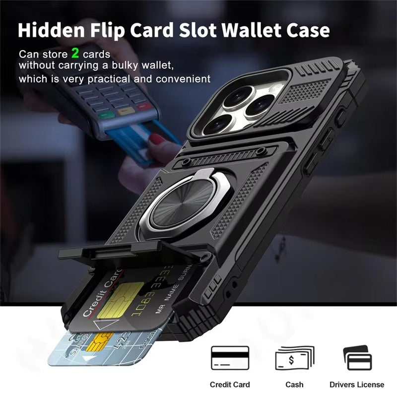 Rugged iPhone Case — Magnetic Wallet Cover with 360° Ring Kickstand, Dual-Layer Metal + TPU Protection, Hidden Card Slots and Heavy-Duty Drop-Resistant Design