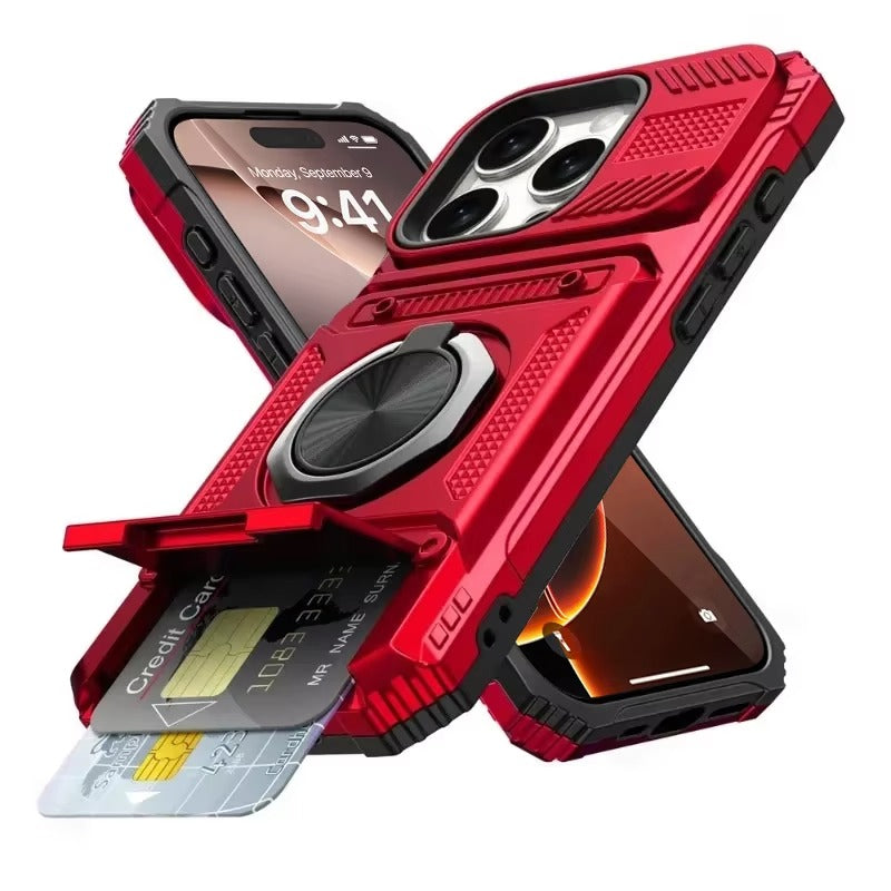 Rugged iPhone Case — Magnetic Wallet Cover with 360° Ring Kickstand, Dual-Layer Metal + TPU Protection, Hidden Card Slots and Heavy-Duty Drop-Resistant Design