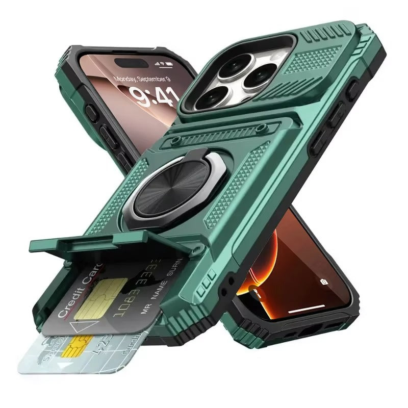 Rugged iPhone Case — Magnetic Wallet Cover with 360° Ring Kickstand, Dual-Layer Metal + TPU Protection, Hidden Card Slots and Heavy-Duty Drop-Resistant Design