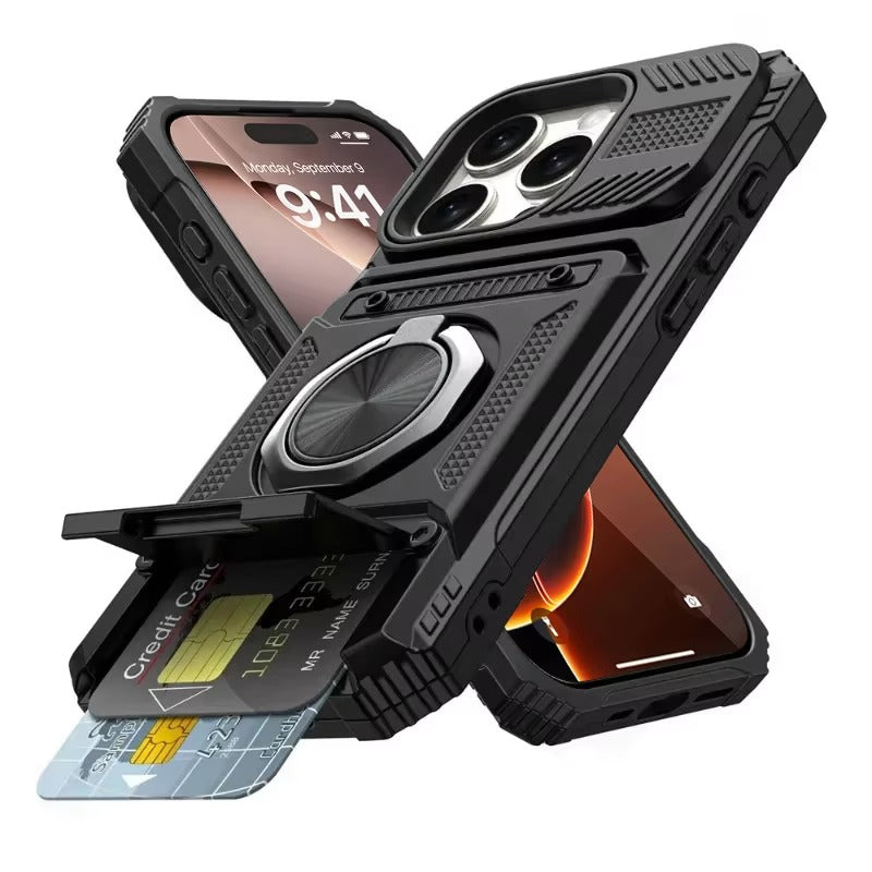 Rugged iPhone Case — Magnetic Wallet Cover with 360° Ring Kickstand, Dual-Layer Metal + TPU Protection, Hidden Card Slots and Heavy-Duty Drop-Resistant Design
