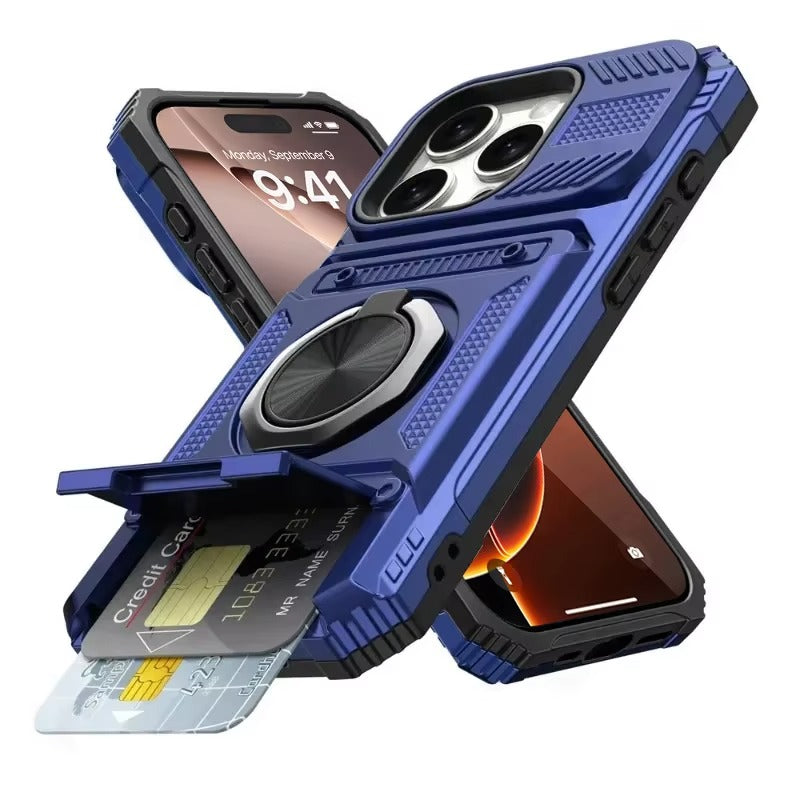Rugged iPhone Case — Magnetic Wallet Cover with 360° Ring Kickstand, Dual-Layer Metal + TPU Protection, Hidden Card Slots and Heavy-Duty Drop-Resistant Design