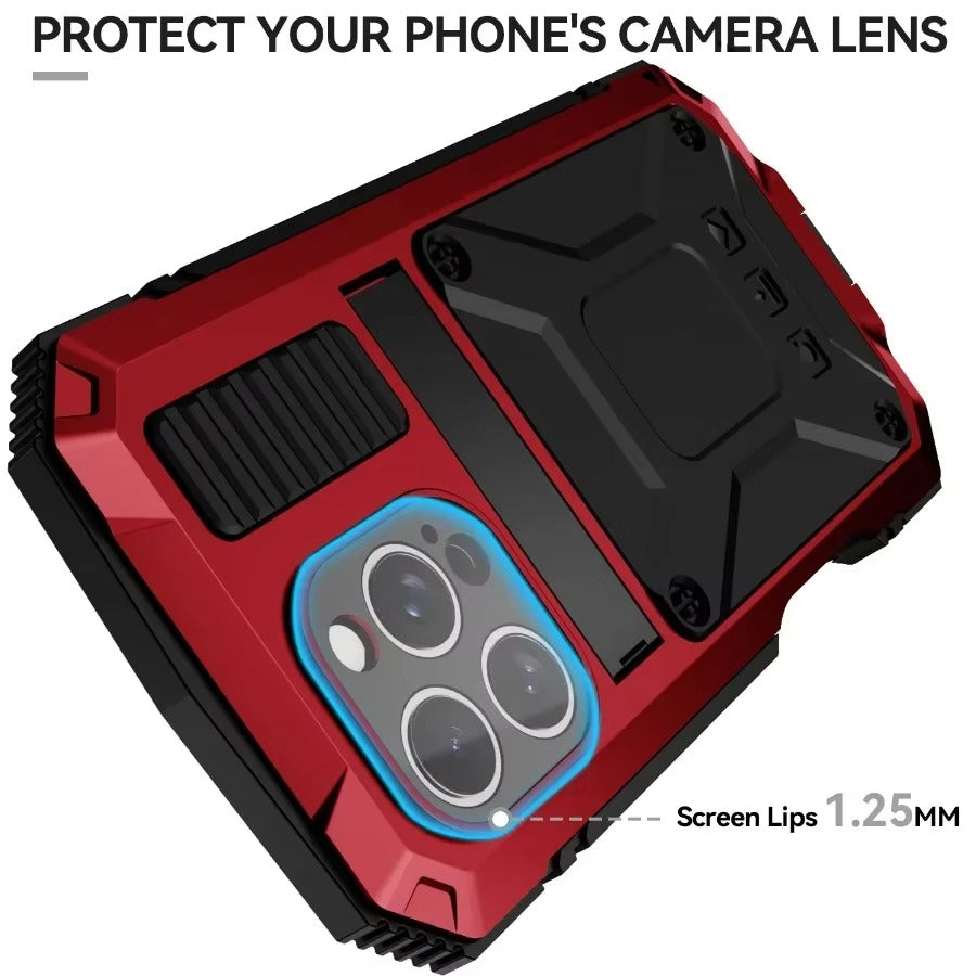 Rugged iPhone Case — Military-Grade Aluminum Tank Armor Cover with 360° Shockproof Protection, Tempered-Glass Screen Guard, Dustproof Heavy-Duty Design and Kickstand