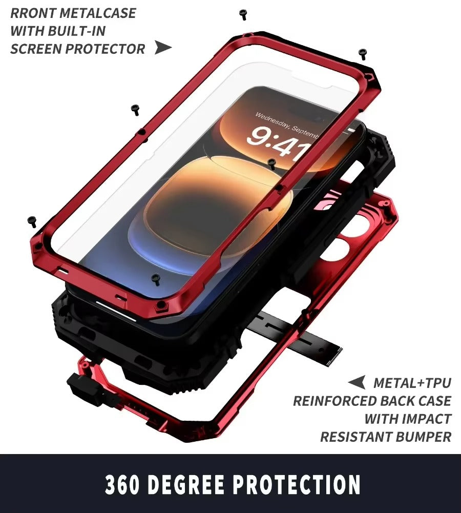 Rugged iPhone Case — Military-Grade Aluminum Tank Armor Cover with 360° Shockproof Protection, Tempered-Glass Screen Guard, Dustproof Heavy-Duty Design and Kickstand