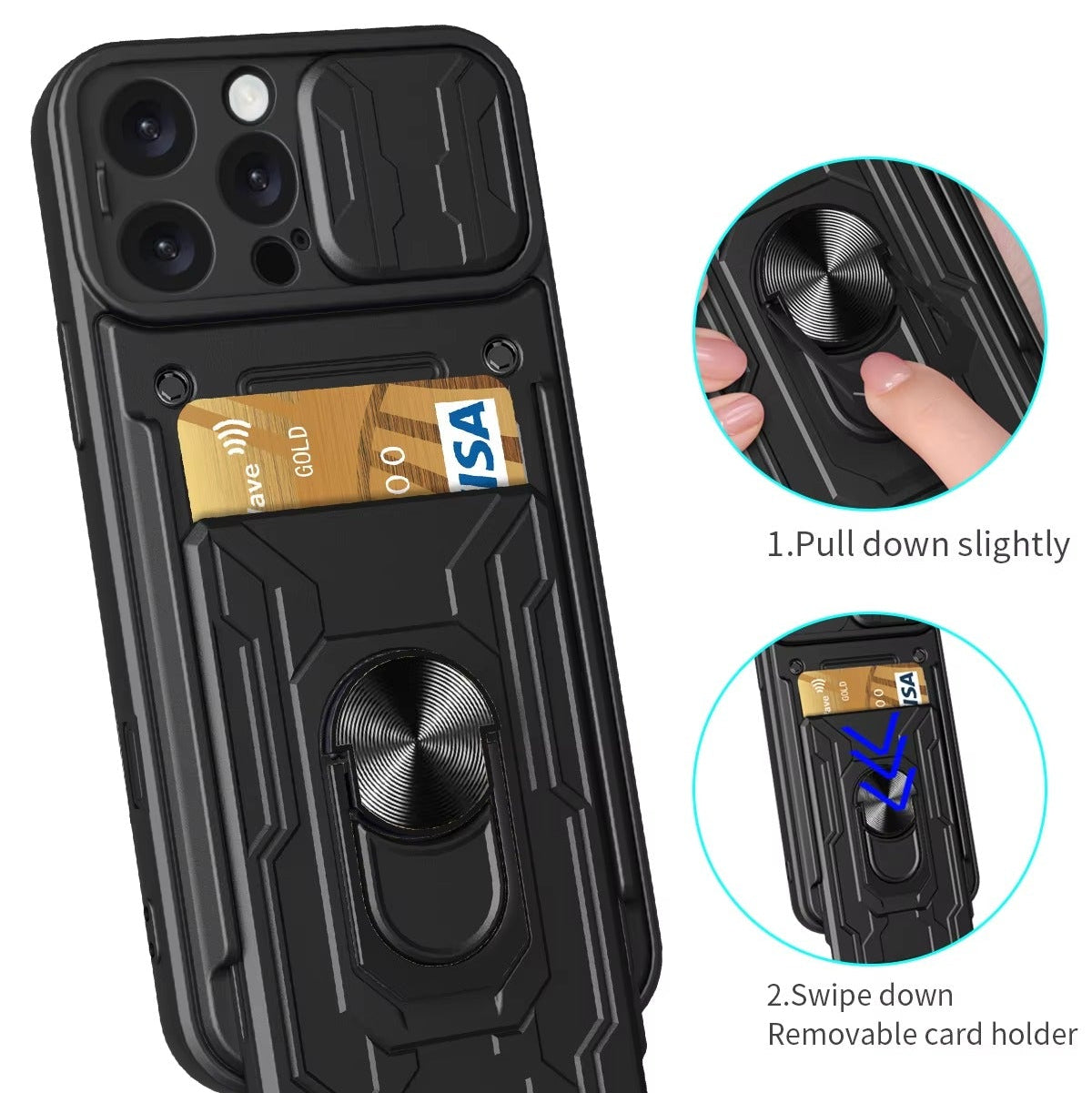 Rugged iPhone Case — Military-Grade Magnetic Bumper Cover with Slide Camera Protection, 360° Ring Kickstand, Card Slot Wallet Design and Shockproof PC+TPU Build