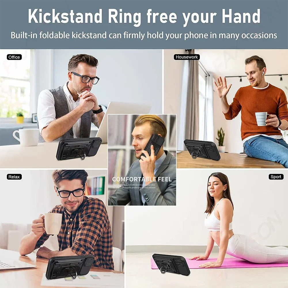 Rugged iPhone Case — Military-Grade Magnetic Bumper Cover with Slide Camera Protection, 360° Ring Kickstand, Card Slot Wallet Design and Shockproof PC+TPU Build