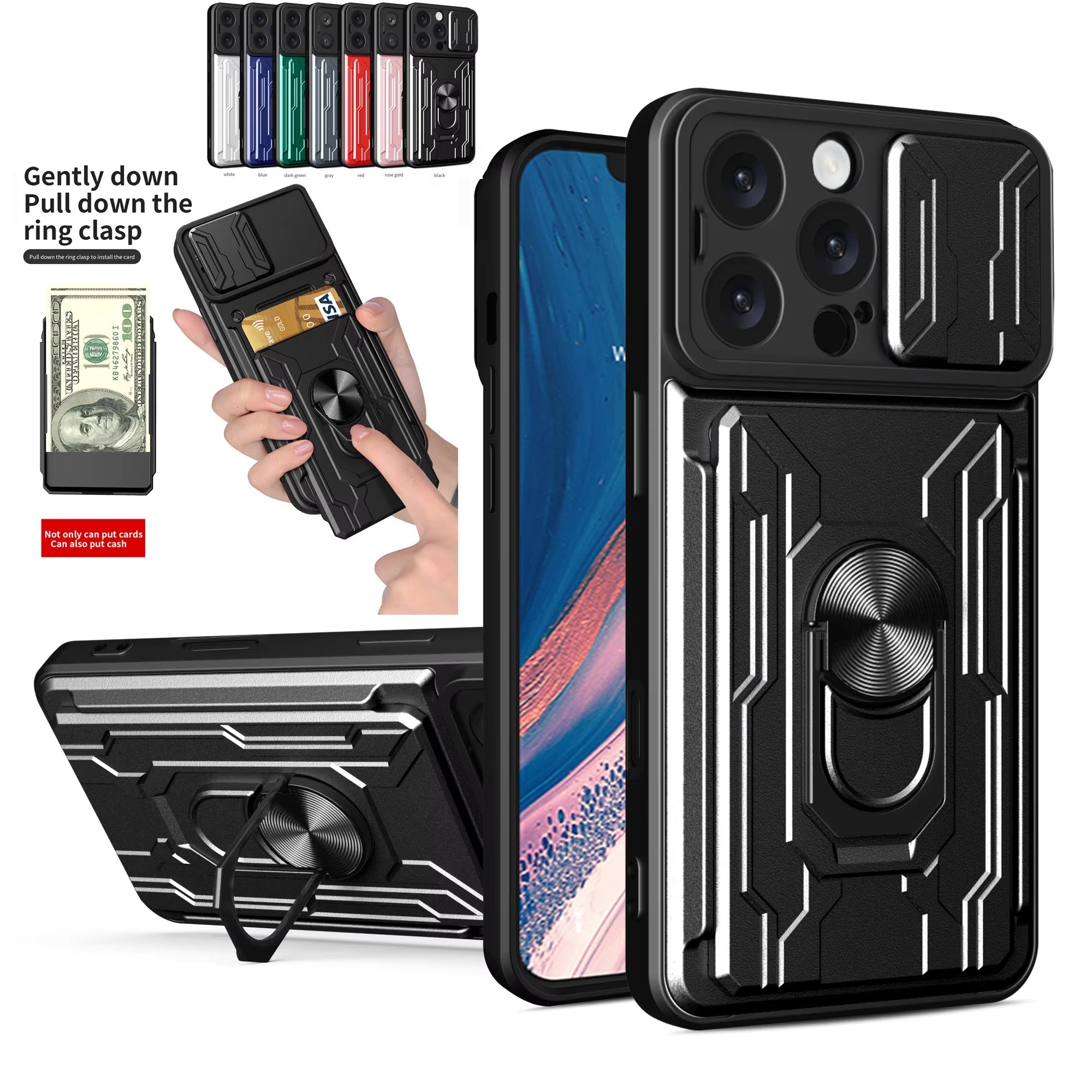 Rugged iPhone Case — Military-Grade Magnetic Bumper Cover with Slide Camera Protection, 360° Ring Kickstand, Card Slot Wallet Design and Shockproof PC+TPU Build