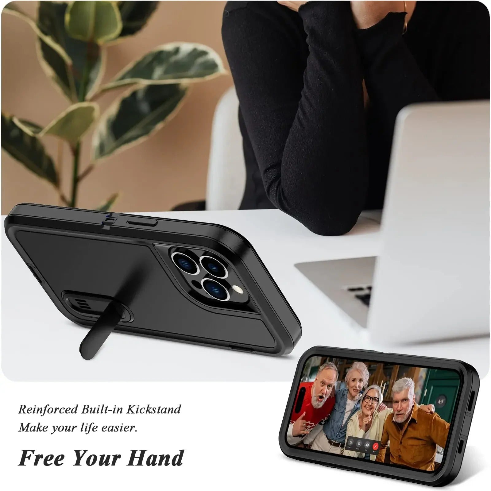 Rugged iPhone Heavy Armor Case — Full Body Shockproof Cover with Kickstand Bracket, Dual Layer Protection, Anti-Fingerprint Scratch-Resistant Non-Slip Design