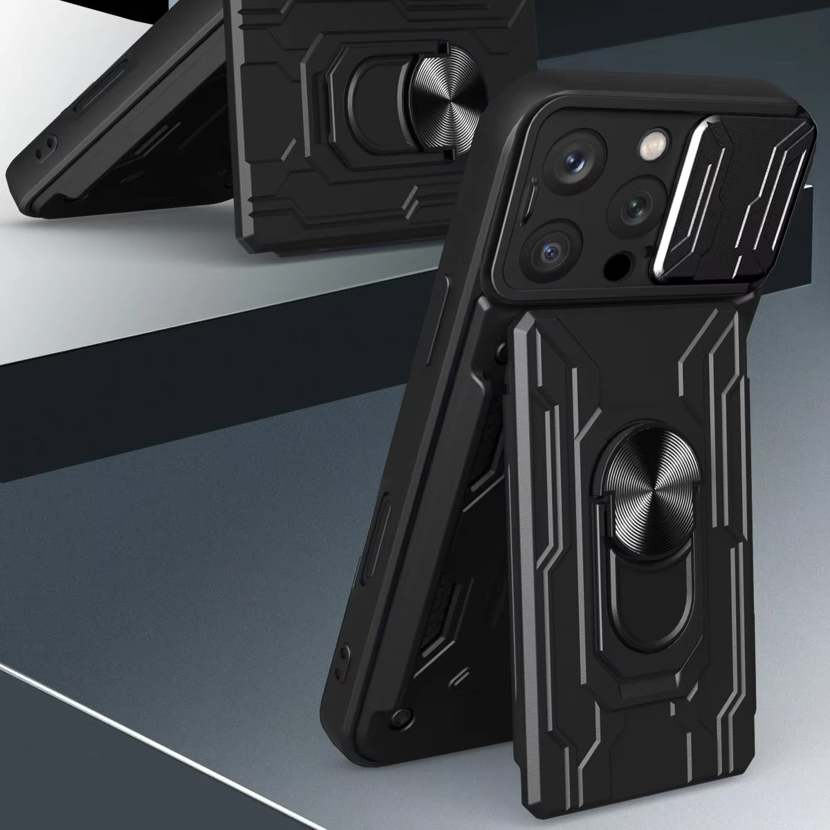 Rugged iPhone Heavy Duty Case with Card Pocket — Dual Layer Shockproof Armor Cover, 360° Ring Stand Holder, Magnetic Mount Compatible, Full Edge Protection