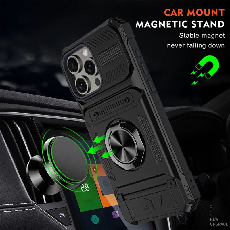 Rugged iPhone Magnetic Wallet Case with Ring Stand — Heavy Duty Armor Drop Protection, Dual Layer Shockproof Cover, Anti-Fingerprint Scratch-Resistant Design