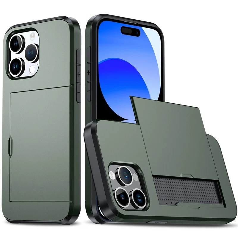 Rugged iPhone Slide Wallet Case with Card Slots — Armor Shockproof Dual Layer Cover, Heavy Duty Protection, Anti-Fingerprint Scratch-Resistant Non-Slip Design