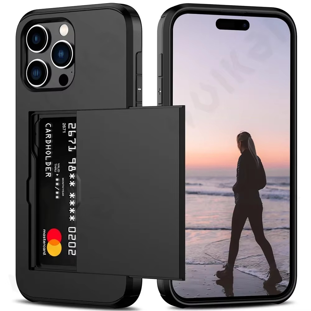 Rugged iPhone Slide Wallet Case with Card Slots — Armor Shockproof Dual Layer Cover, Heavy Duty Protection, Anti-Fingerprint Scratch-Resistant Non-Slip Design