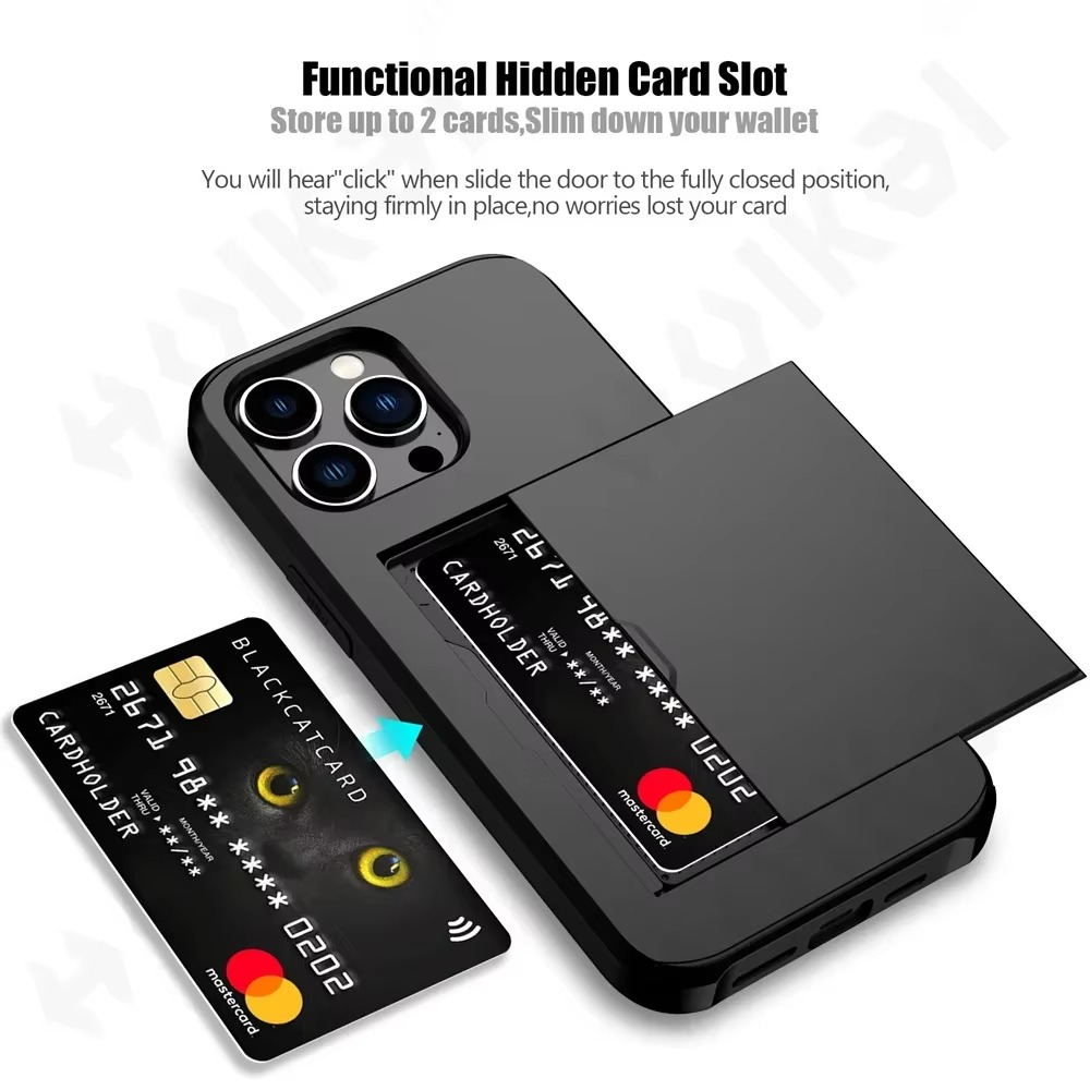 Rugged iPhone Slide Wallet Case with Card Slots — Armor Shockproof Dual Layer Cover, Heavy Duty Protection, Anti-Fingerprint Scratch-Resistant Non-Slip Design