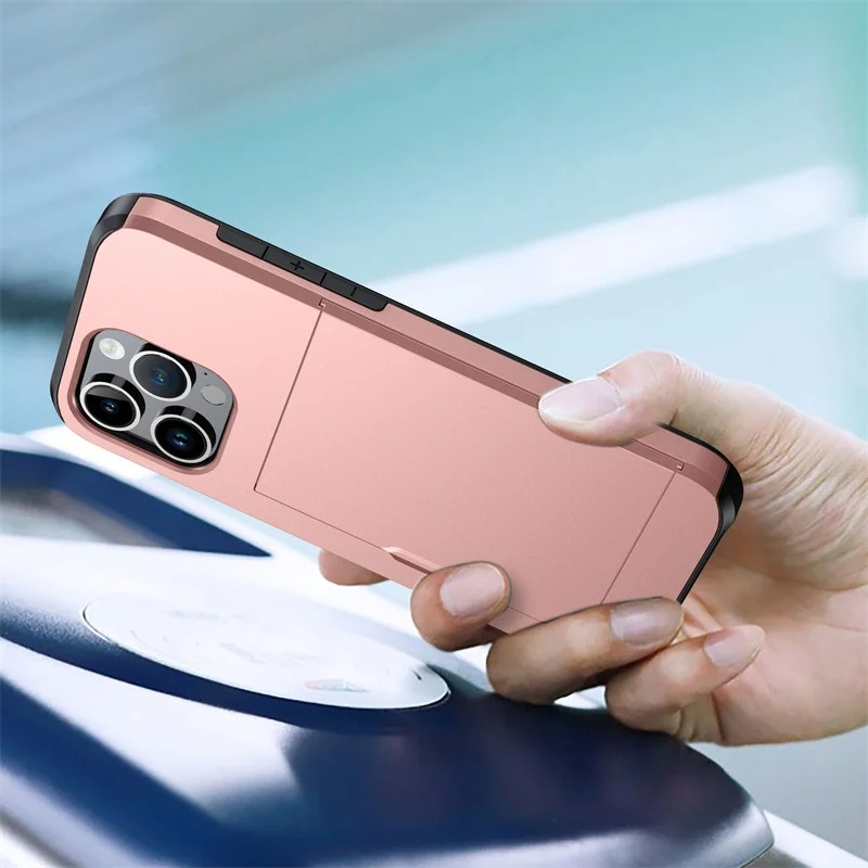 Rugged iPhone Slide Wallet Case with Card Slots — Armor Shockproof Dual Layer Cover, Heavy Duty Protection, Anti-Fingerprint Scratch-Resistant Non-Slip Design