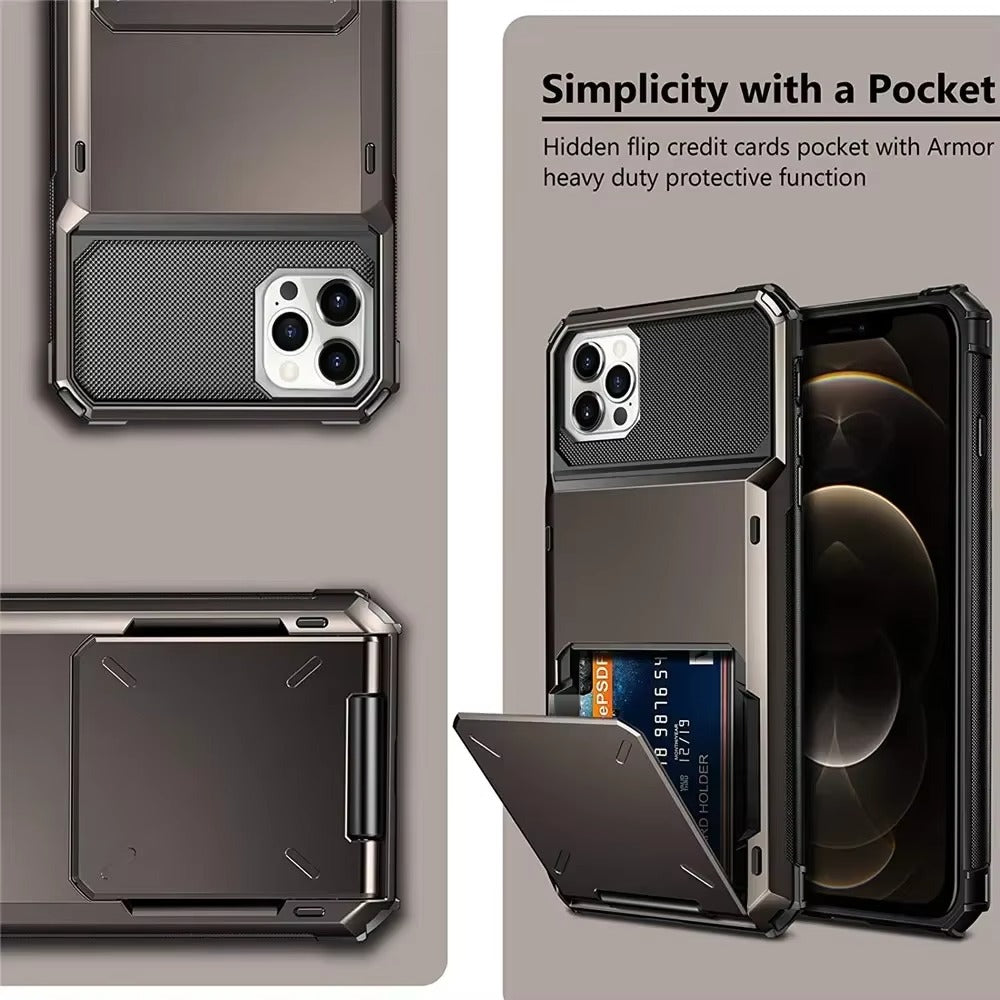 Rugged iPhone Wallet Case with Card Holder — TPU Armor Bumper Full Coverage, Magnetic Ring Kickstand, Military Grade Shockproof Scratch-Resistant Design