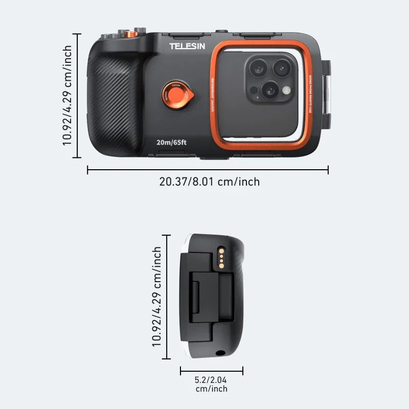 Rugged iPhone Waterproof Case for Diving — TELESIN 20m/65ft Underwater Housing with Bluetooth Photo & Video Control, Full Coverage IP68 Surfing & Snorkeling Protection