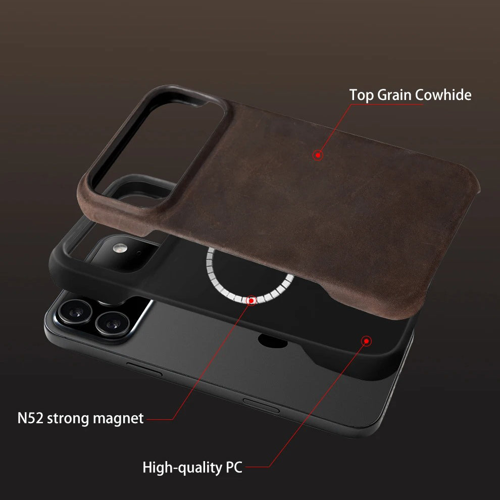 Luxury iPhone Case — Genuine Pull-Up Leather MagSafe Cover with Handcrafted Design, Shockproof Protection and Strong Magnetic Back Finish