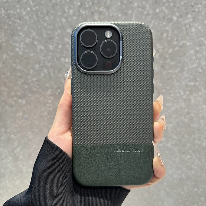 Luxury iPhone MagSafe Leather Case — Trendy Hit Color Relief Design with Alloy Lens Protection, Wireless Charging, Shockproof Anti-Fingerprint Cover