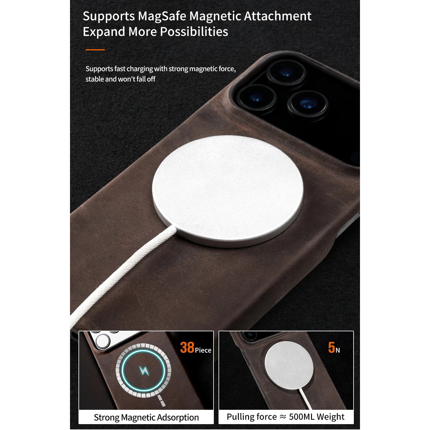 Luxury iPhone Case — Genuine Pull-Up Leather MagSafe Cover with Handcrafted Design, Shockproof Protection and Strong Magnetic Back Finish