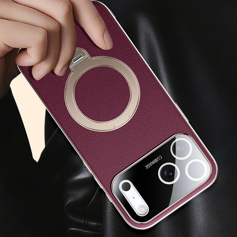 Luxury iPhone Case — PU Leather Cover with Rotating Metal Bracket Stand, Shockproof Back Protection and Premium Non-Slip Design