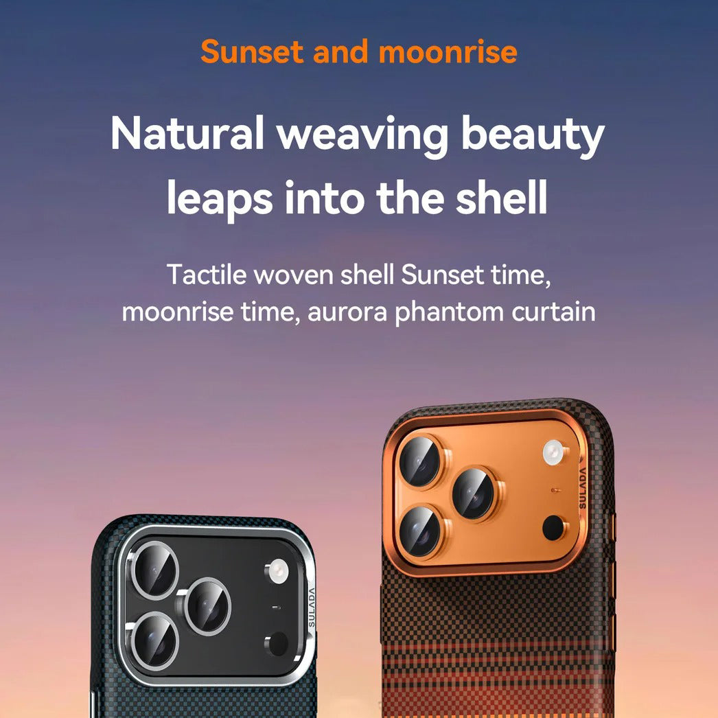 Luxury iPhone Case — Kevlar Carbon-Fiber Texture MagSafe Cover with Tough Shockproof PC Protection and Wireless-Charging Safe Design