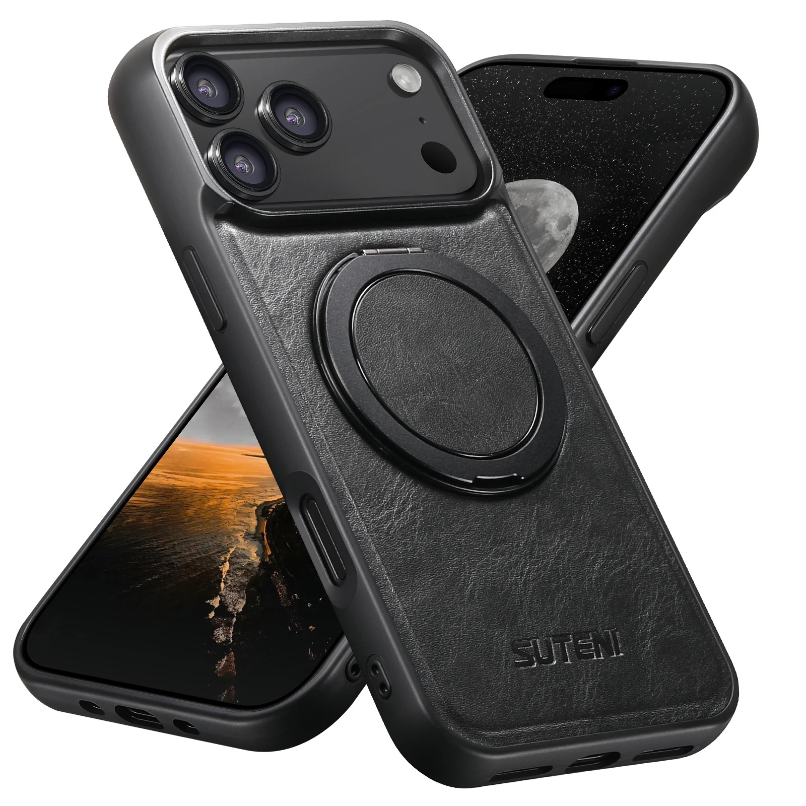 Ultra-Slim Magnetic iPhone Case — 360° Rotating Stand, Oil Wax PU Leather, Wireless Charging Compatible, Shock-Resistant Back Cover