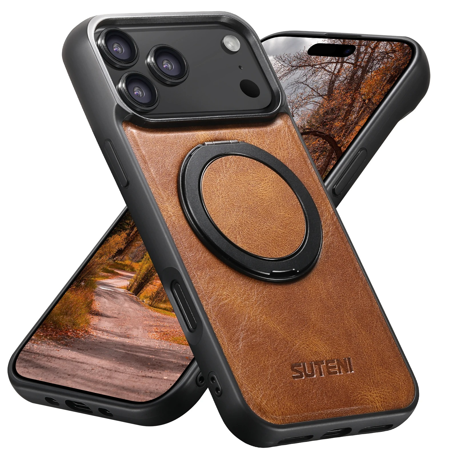 Ultra-Slim Magnetic iPhone Case — 360° Rotating Stand, Oil Wax PU Leather, Wireless Charging Compatible, Shock-Resistant Back Cover