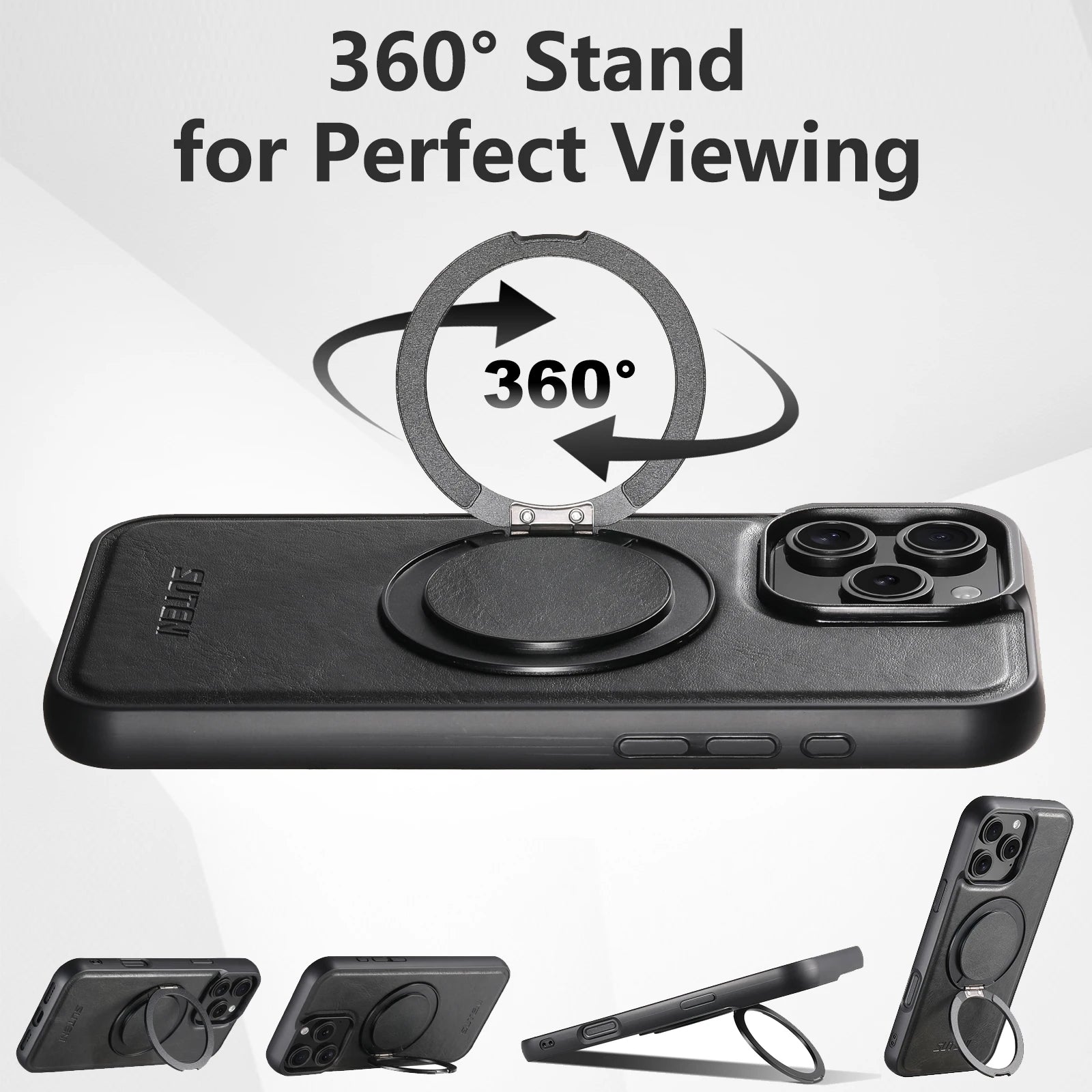 Ultra-Slim Magnetic iPhone Case — 360° Rotating Stand, Oil Wax PU Leather, Wireless Charging Compatible, Shock-Resistant Back Cover