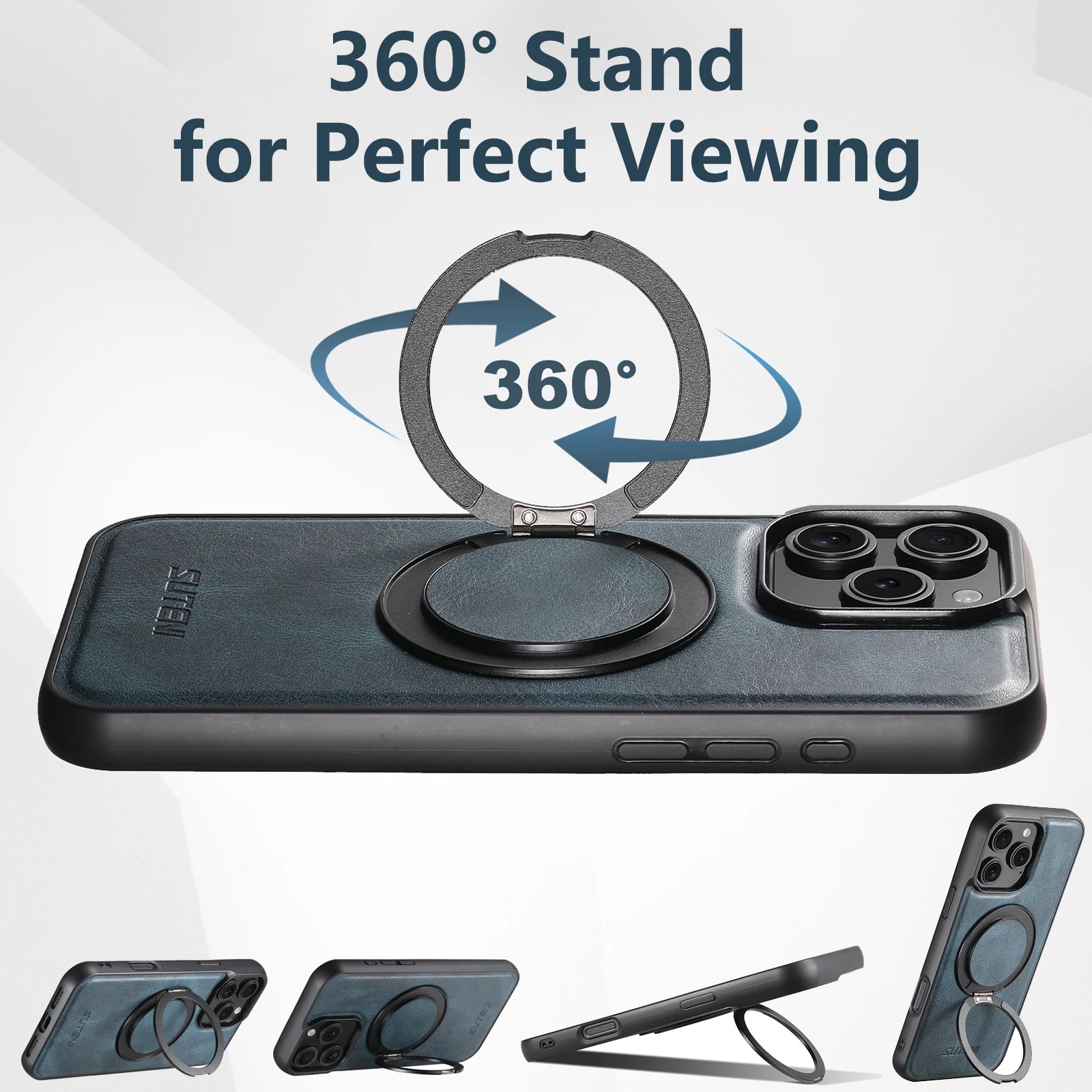 Ultra-Slim Magnetic iPhone Case — 360° Rotating Stand, Oil Wax PU Leather, Wireless Charging Compatible, Shock-Resistant Back Cover