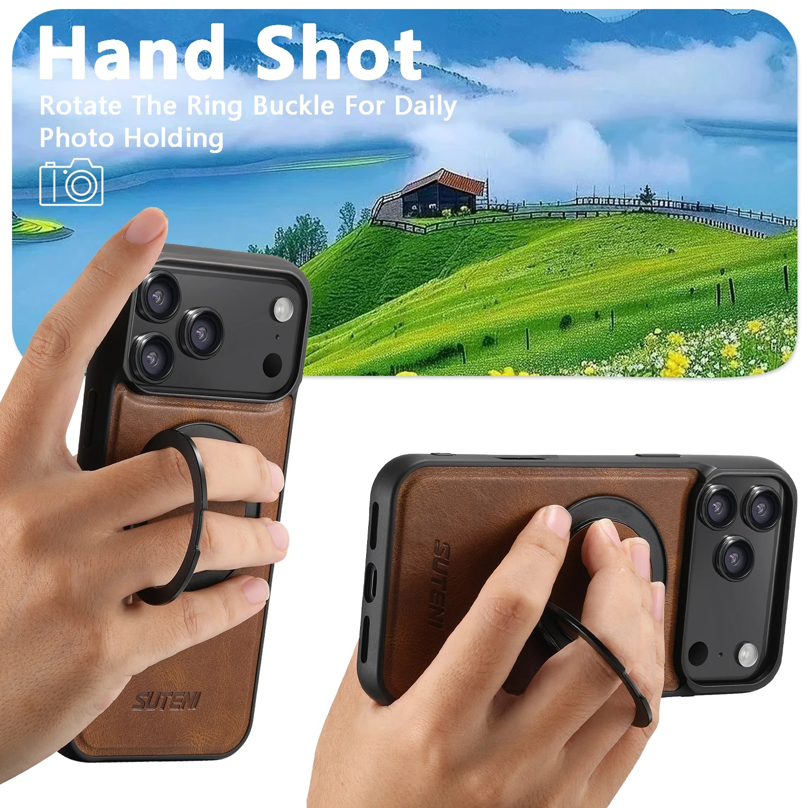 Ultra-Slim Magnetic iPhone Case — 360° Rotating Stand, Oil Wax PU Leather, Wireless Charging Compatible, Shock-Resistant Back Cover