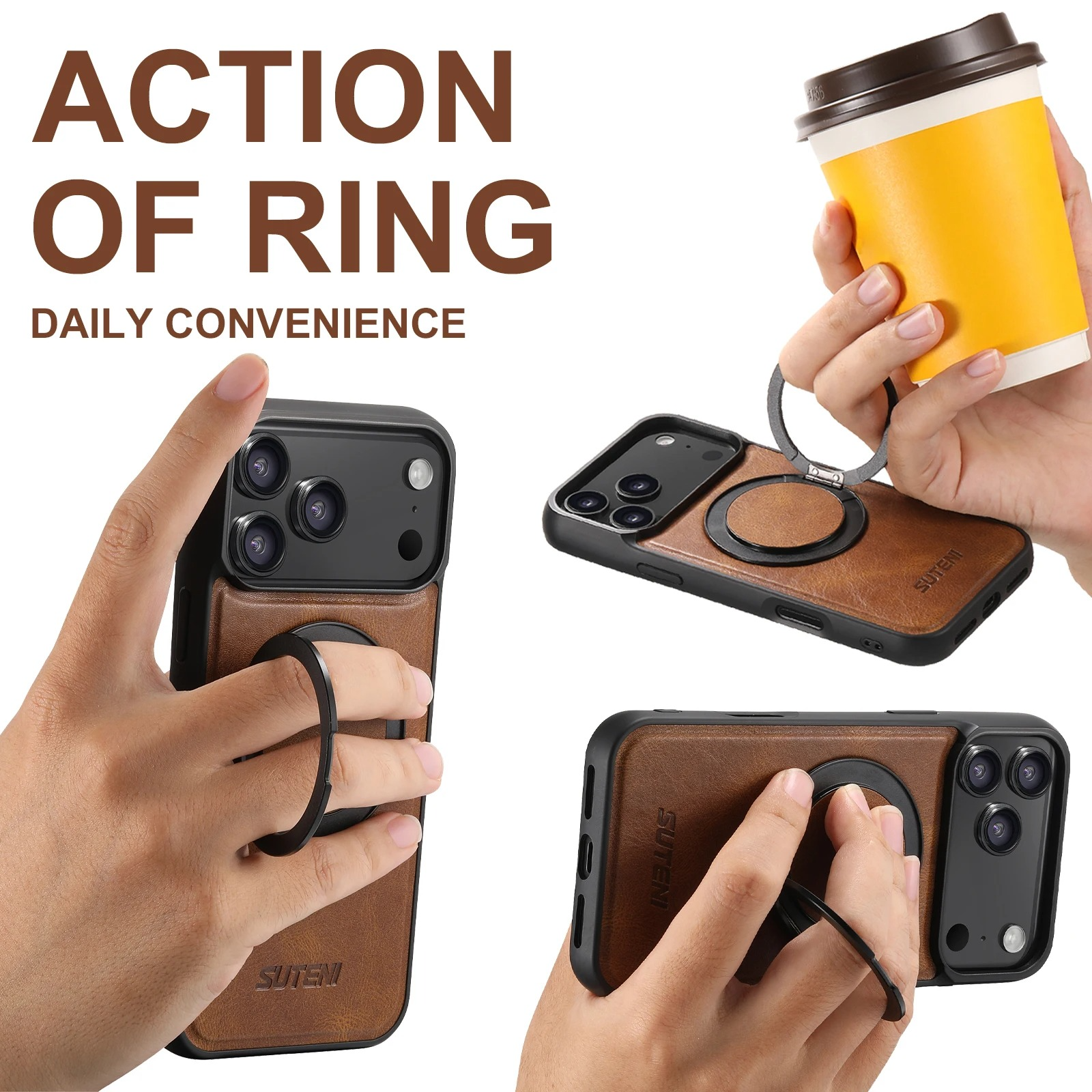 Ultra-Slim Magnetic iPhone Case — 360° Rotating Stand, Oil Wax PU Leather, Wireless Charging Compatible, Shock-Resistant Back Cover