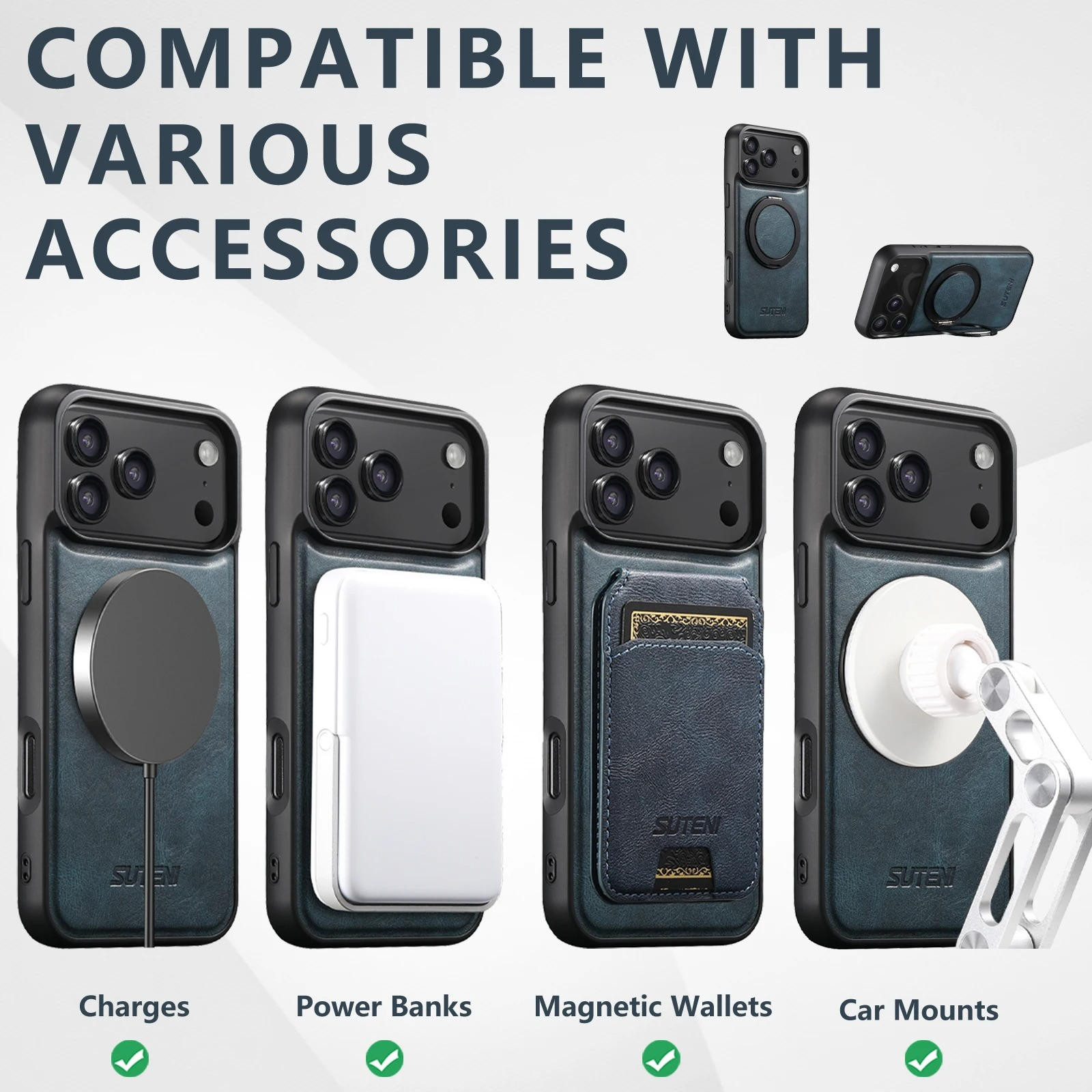 Ultra-Slim Magnetic iPhone Case — 360° Rotating Stand, Oil Wax PU Leather, Wireless Charging Compatible, Shock-Resistant Back Cover