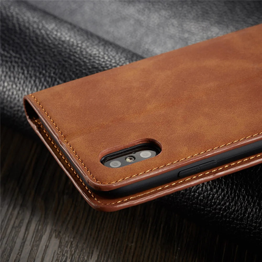 Ultra-Slim iPhone Leather Flip Wallet Case — Magnetic Suede Cover with Card Slots, Cash Pocket, Stand Function, Lightweight Full Body Protective Design