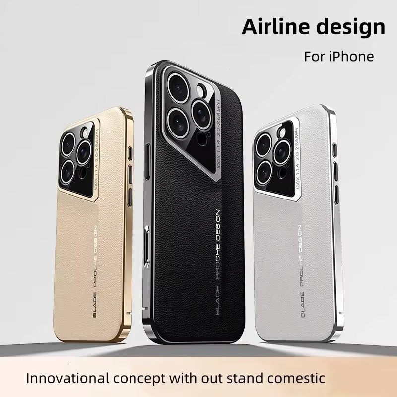 Luxury iPhone Case MagSafe Compatible Camera Lens Protection — Vegan PU Leather Cover, Electroplated Metal Frame, Slim Drop-Proof Business Style