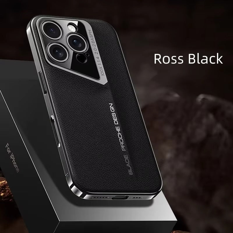 Luxury iPhone Case MagSafe Compatible Camera Lens Protection — Vegan PU Leather Cover, Electroplated Metal Frame, Slim Drop-Proof Business Style