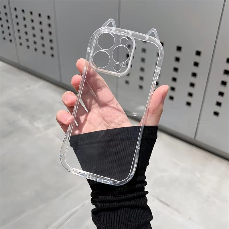 Cute iPhone Case 3D Cat Ears Clear TPU Cover — Soft Transparent Shockproof Shell, Anti-Fingerprint Scratch-Resistant Non-Slip Protective Design