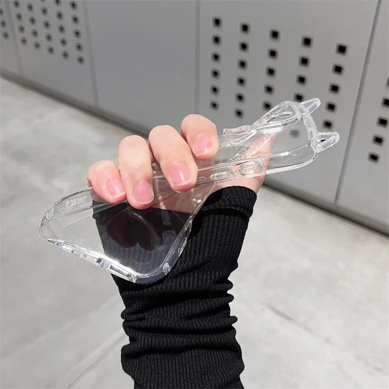 Cute iPhone Case 3D Cat Ears Clear TPU Cover — Soft Transparent Shockproof Shell, Anti-Fingerprint Scratch-Resistant Non-Slip Protective Design