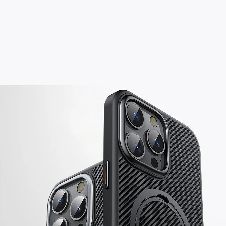 Elite iPhone Case — MagSafe Carbon-Fiber Aramid Style Cover with 360° Ring Stand, Shockproof Airbag Corners and Magnetic Mount Support