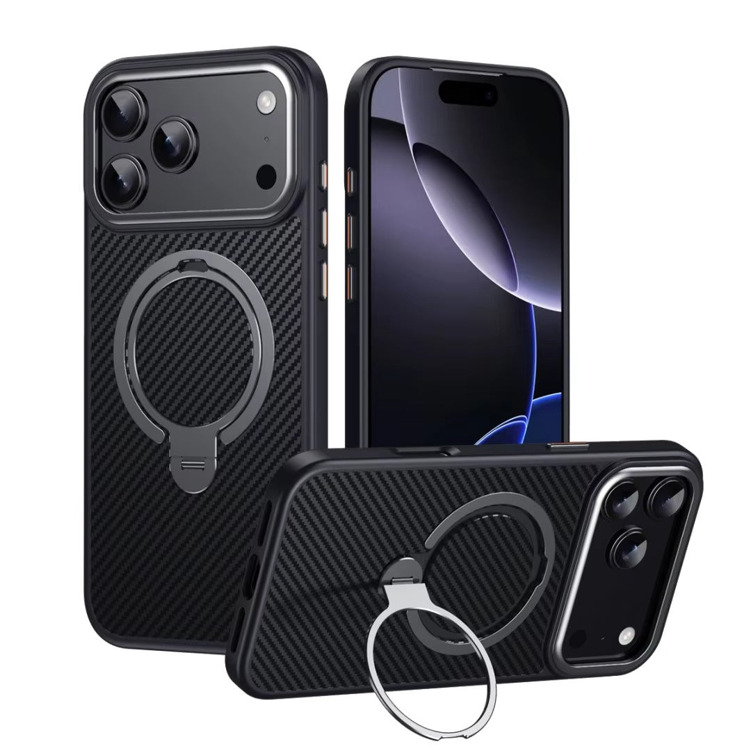 Elite iPhone Case — MagSafe Carbon-Fiber Aramid Style Cover with 360° Ring Stand, Shockproof Airbag Corners and Magnetic Mount Support