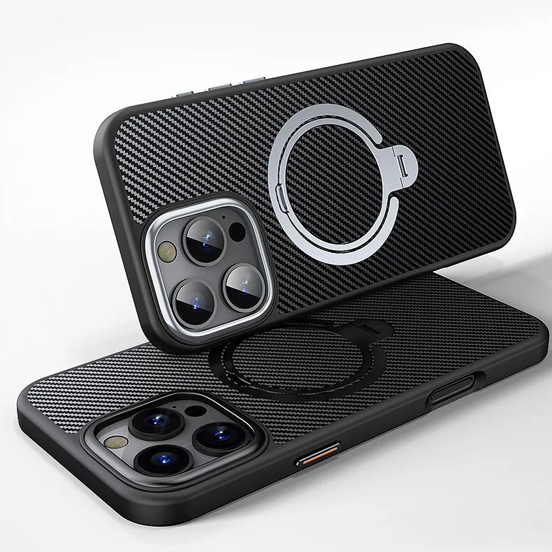 Elite iPhone Case — MagSafe Carbon-Fiber Aramid Style Cover with 360° Ring Stand, Shockproof Airbag Corners and Magnetic Mount Support