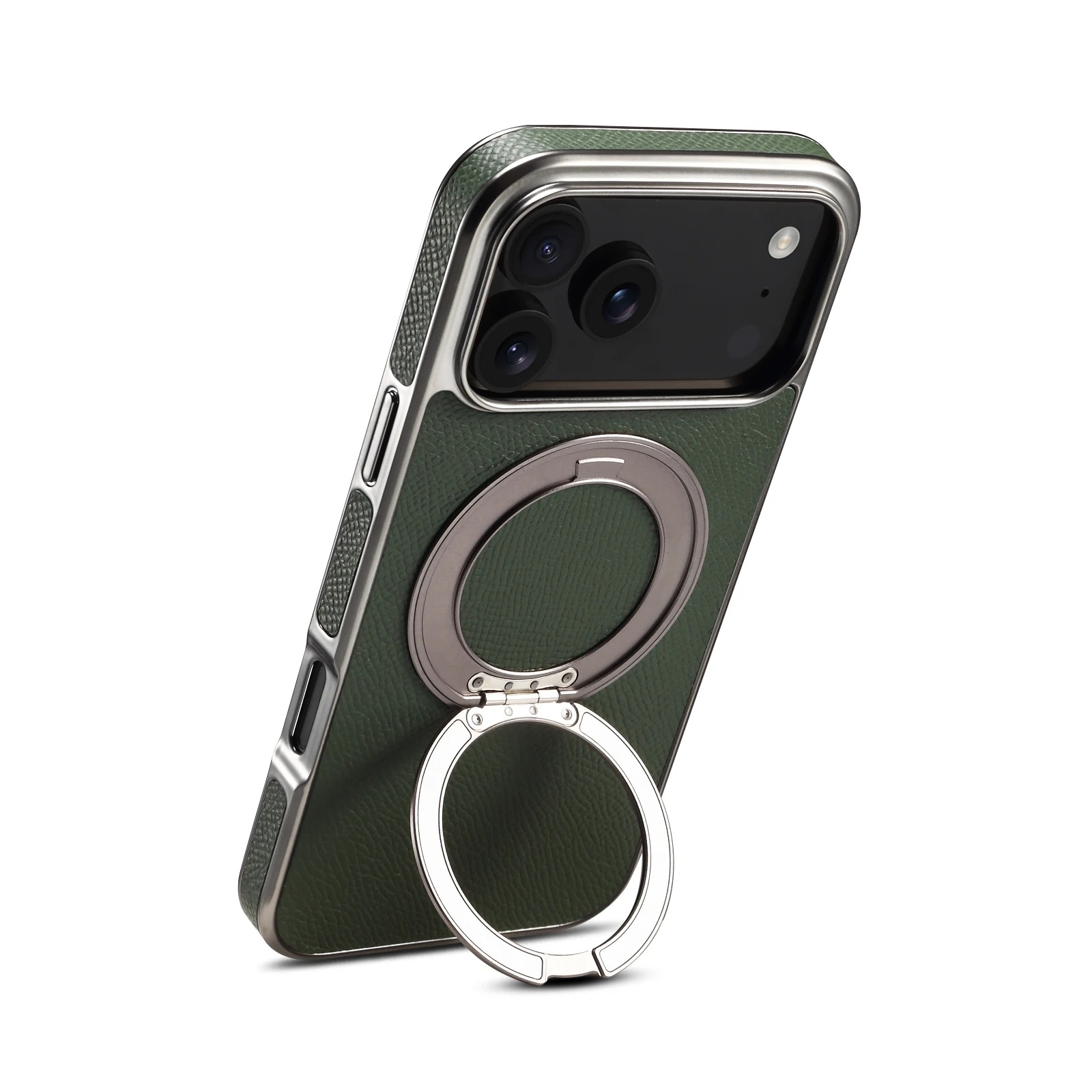 High-End Magnetic iPhone Case — Genuine Cowhide Leather Full Coverage with Invisible Ring Bracket, Shockproof Anti-Fingerprint Slim Design