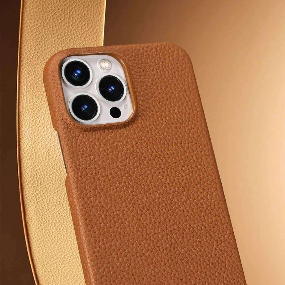 Luxury iPhone Case — Genuine Lychee Cowhide Leather Back Cover with Slim Shockproof PC Frame, Anti-Fingerprint Matte Finish and Precise Cutouts