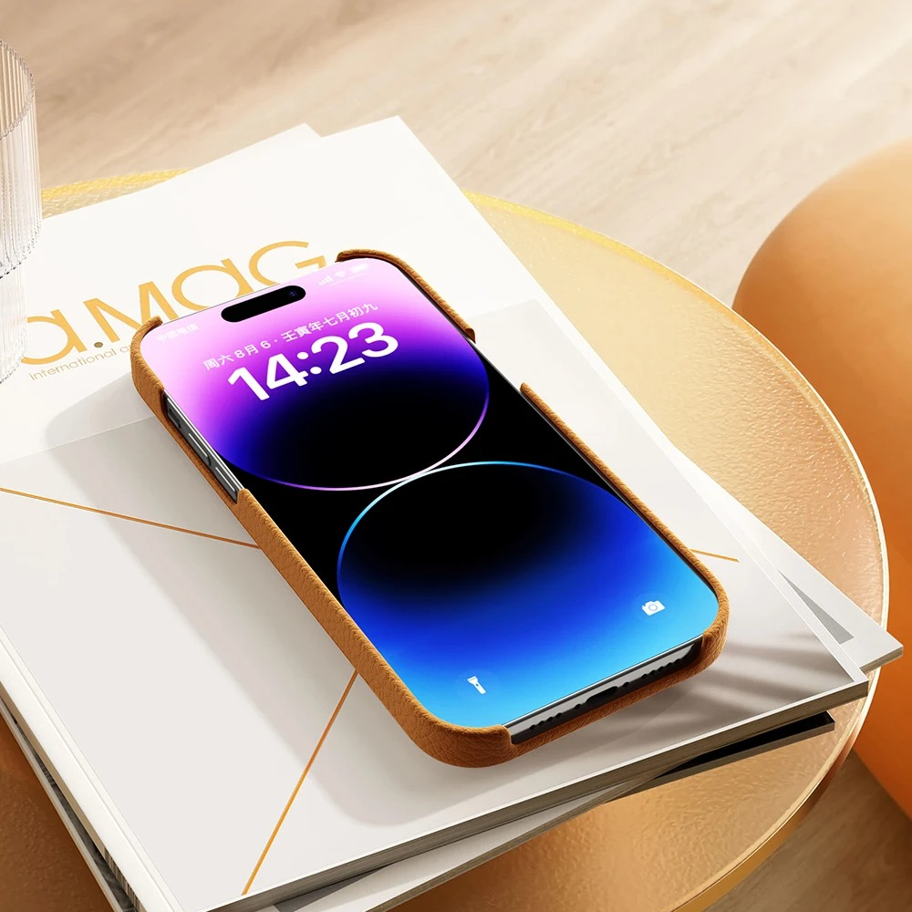 Luxury iPhone Case — Genuine Lychee Cowhide Leather Back Cover with Slim Shockproof PC Frame, Anti-Fingerprint Matte Finish and Precise Cutouts
