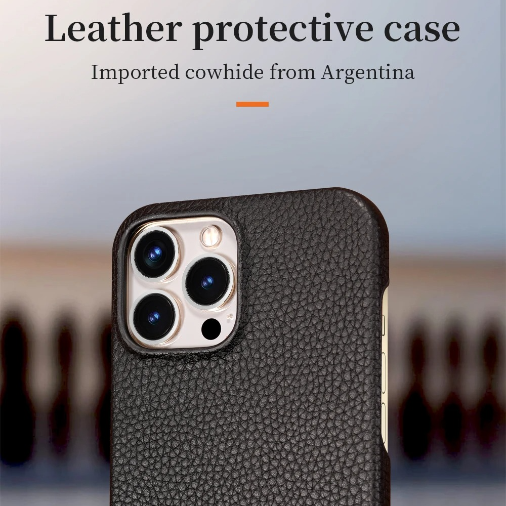 Luxury iPhone Case — Genuine Lychee Cowhide Leather Back Cover with Slim Shockproof PC Frame, Anti-Fingerprint Matte Finish and Precise Cutouts