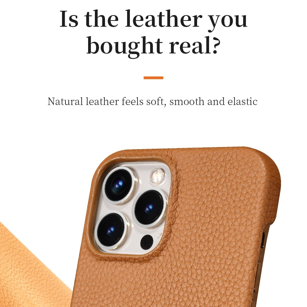Luxury iPhone Case — Genuine Lychee Cowhide Leather Back Cover with Slim Shockproof PC Frame, Anti-Fingerprint Matte Finish and Precise Cutouts