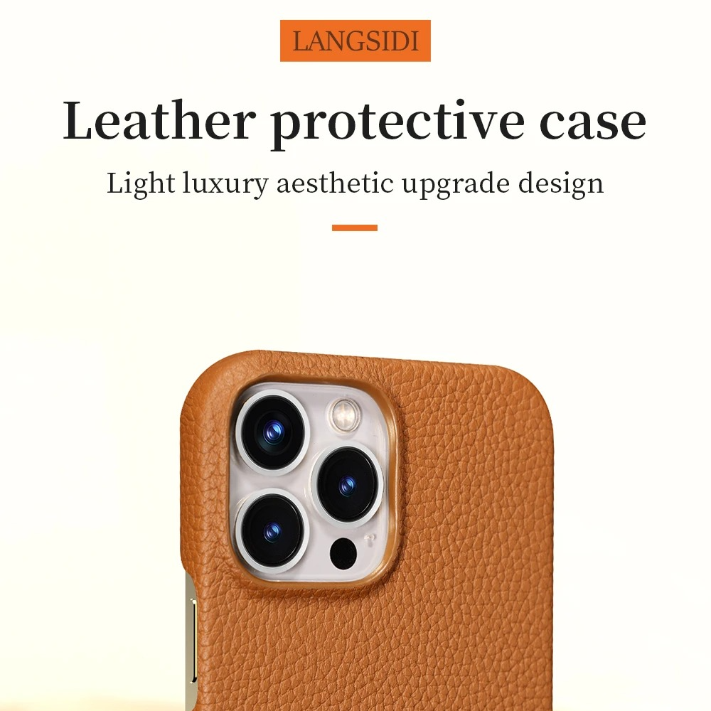 Luxury iPhone Case — Genuine Lychee Cowhide Leather Back Cover with Slim Shockproof PC Frame, Anti-Fingerprint Matte Finish and Precise Cutouts