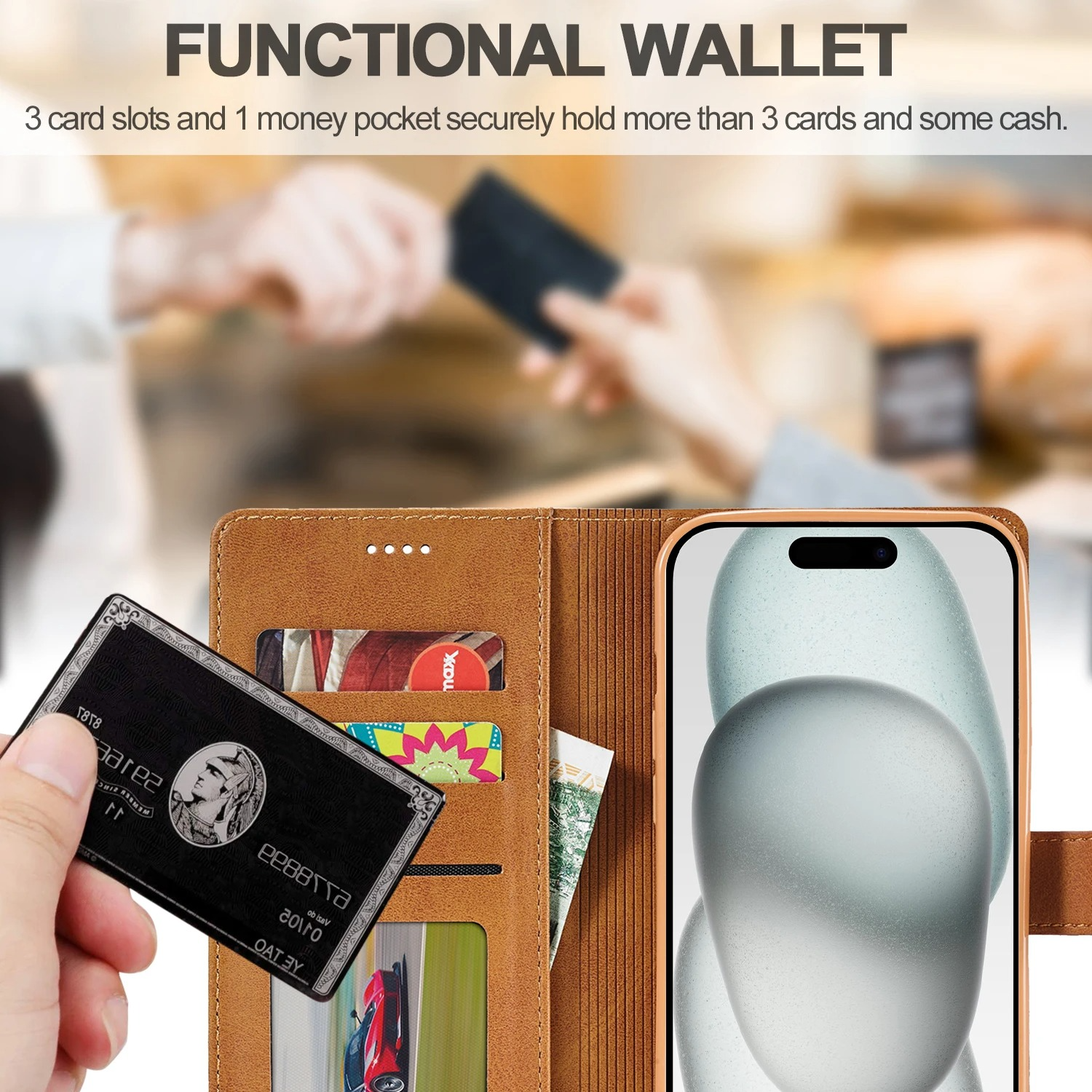 Luxury iPhone Case — Leather Wallet Flip Cover with Card Slot, Anti-Fingerprint, Anti-Scratch, Non-Slip, Full Protection, Artificial Leather Design