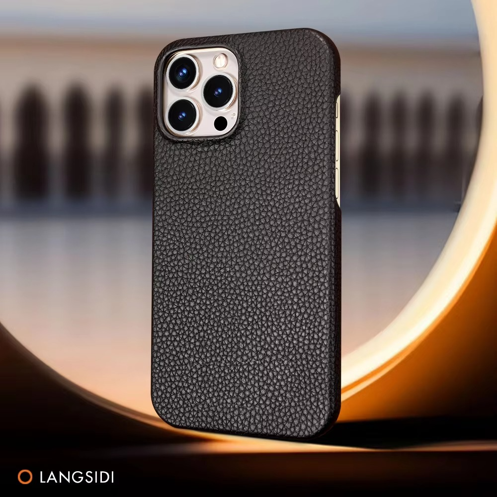 Luxury iPhone Case — Genuine Lychee Cowhide Leather Back Cover with Slim Shockproof PC Frame, Anti-Fingerprint Matte Finish and Precise Cutouts