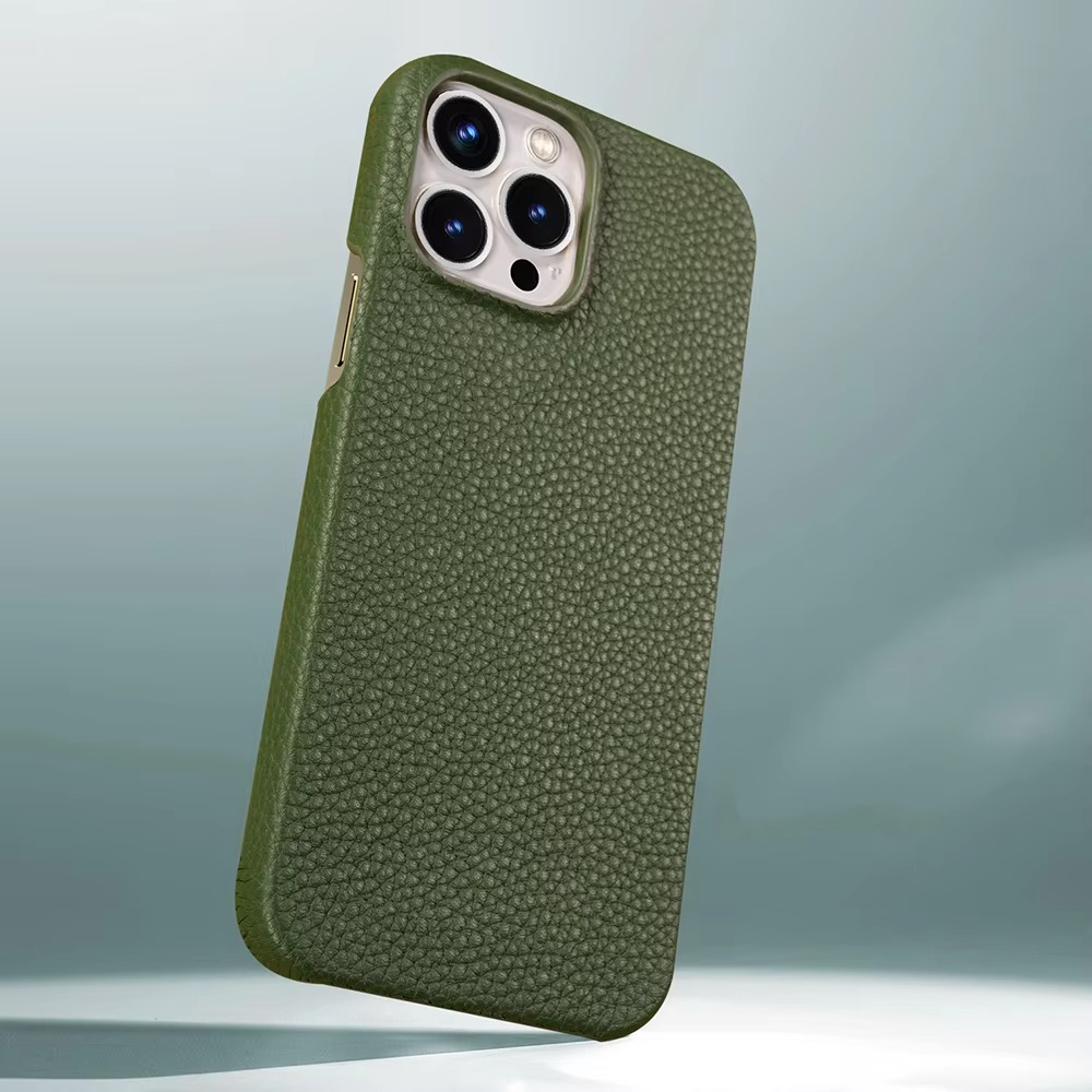 Luxury iPhone Case — Genuine Lychee Cowhide Leather Back Cover with Slim Shockproof PC Frame, Anti-Fingerprint Matte Finish and Precise Cutouts