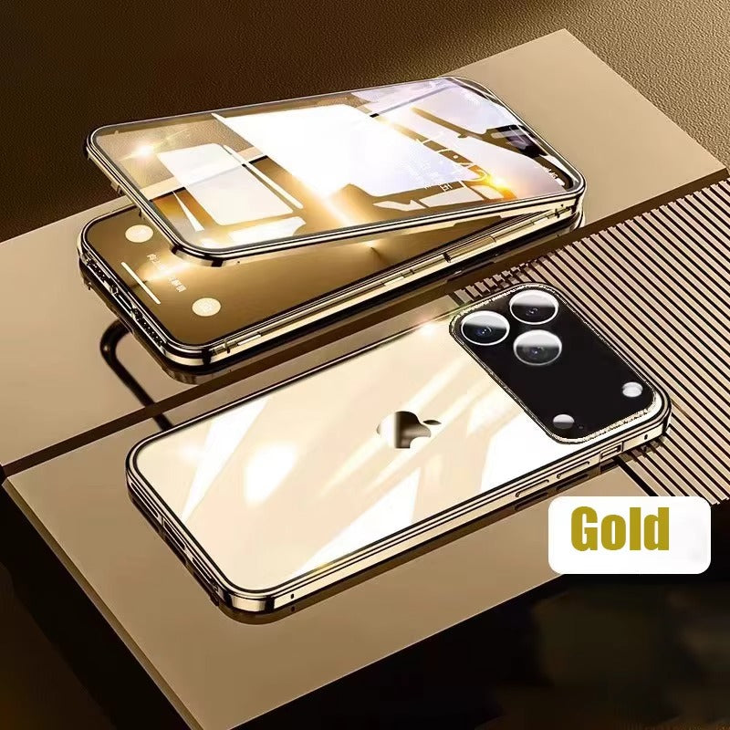 Luxury iPhone Case — 360° Full Protection Double-Sided Magnetic Glass with Aluminum Alloy Frame, Snap-Lock Bumper Cover, Shockproof, Anti-Scratch Design