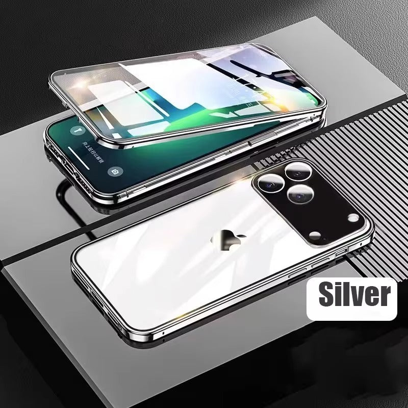 Luxury iPhone Case — 360° Full Protection Double-Sided Magnetic Glass with Aluminum Alloy Frame, Snap-Lock Bumper Cover, Shockproof, Anti-Scratch Design